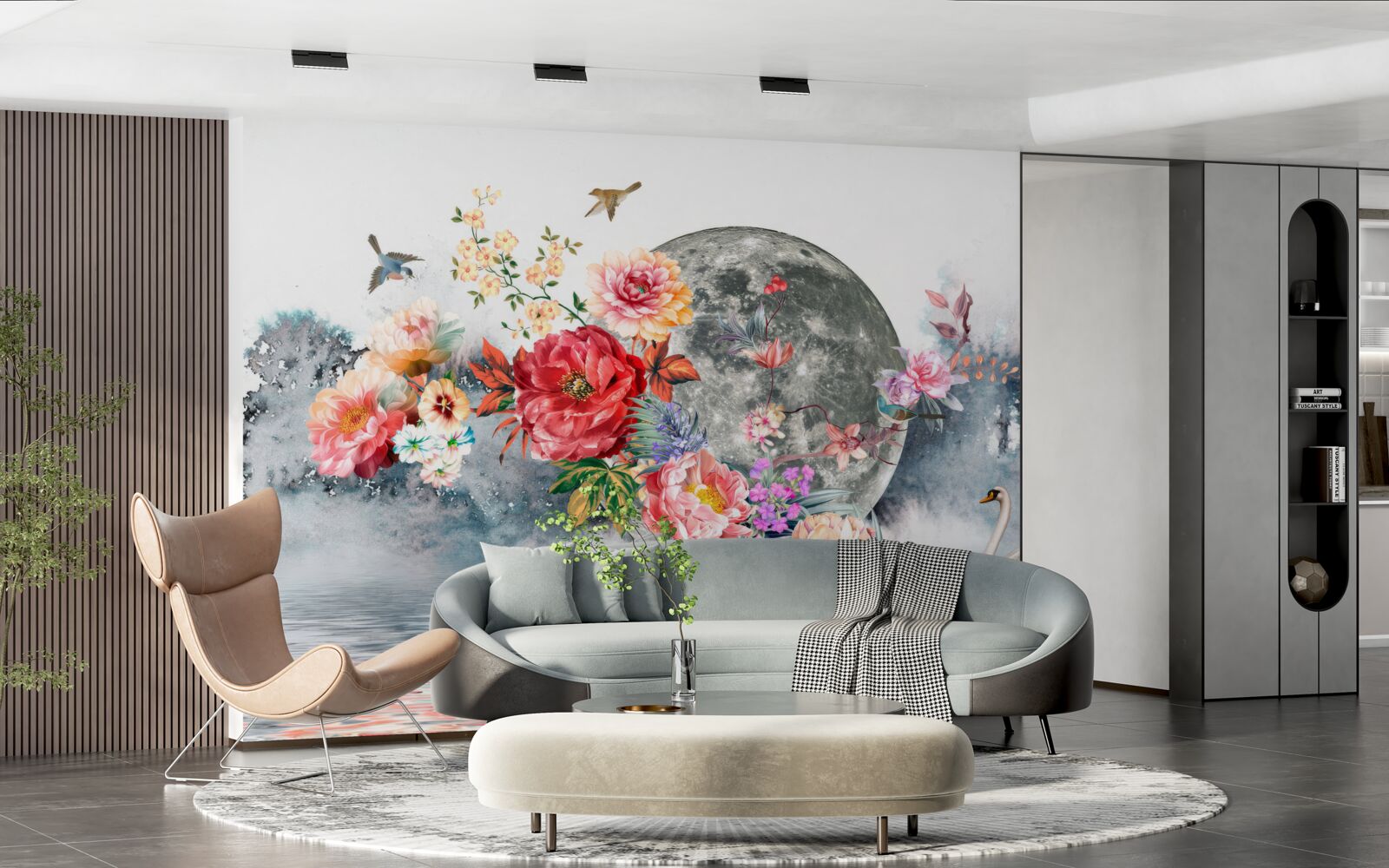 Fototapeta kwiaty, księżyc w pełni i ptaki