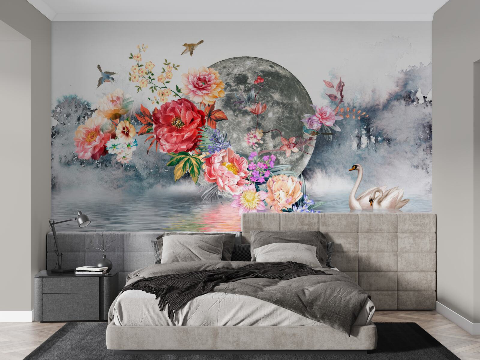 Fototapeta kwiaty, księżyc w pełni i ptaki