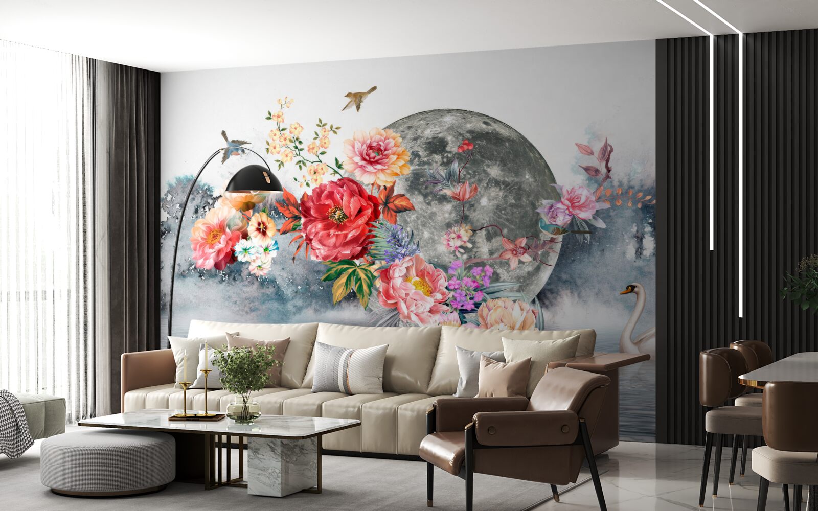Fototapeta kwiaty, księżyc w pełni i ptaki