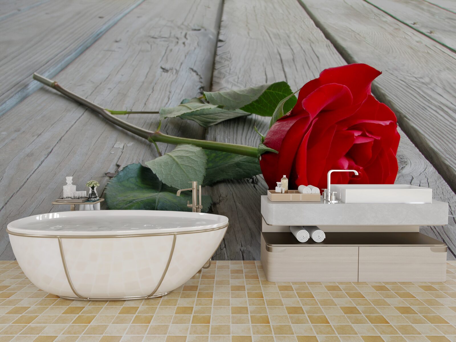 Fototapeta szkarłatny kwiat na drewnianej powierzchni