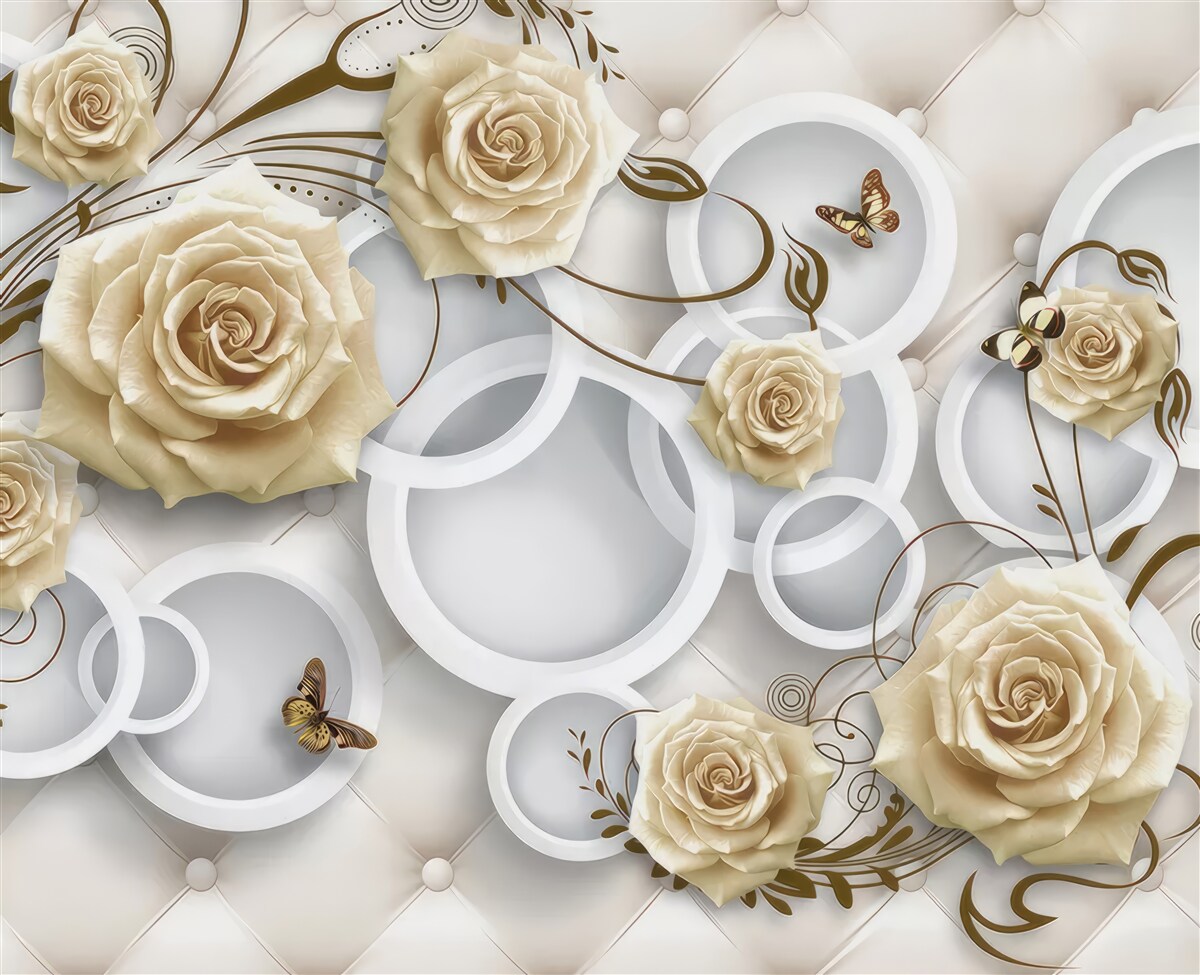 Fototapeta kremowe róże i motyle