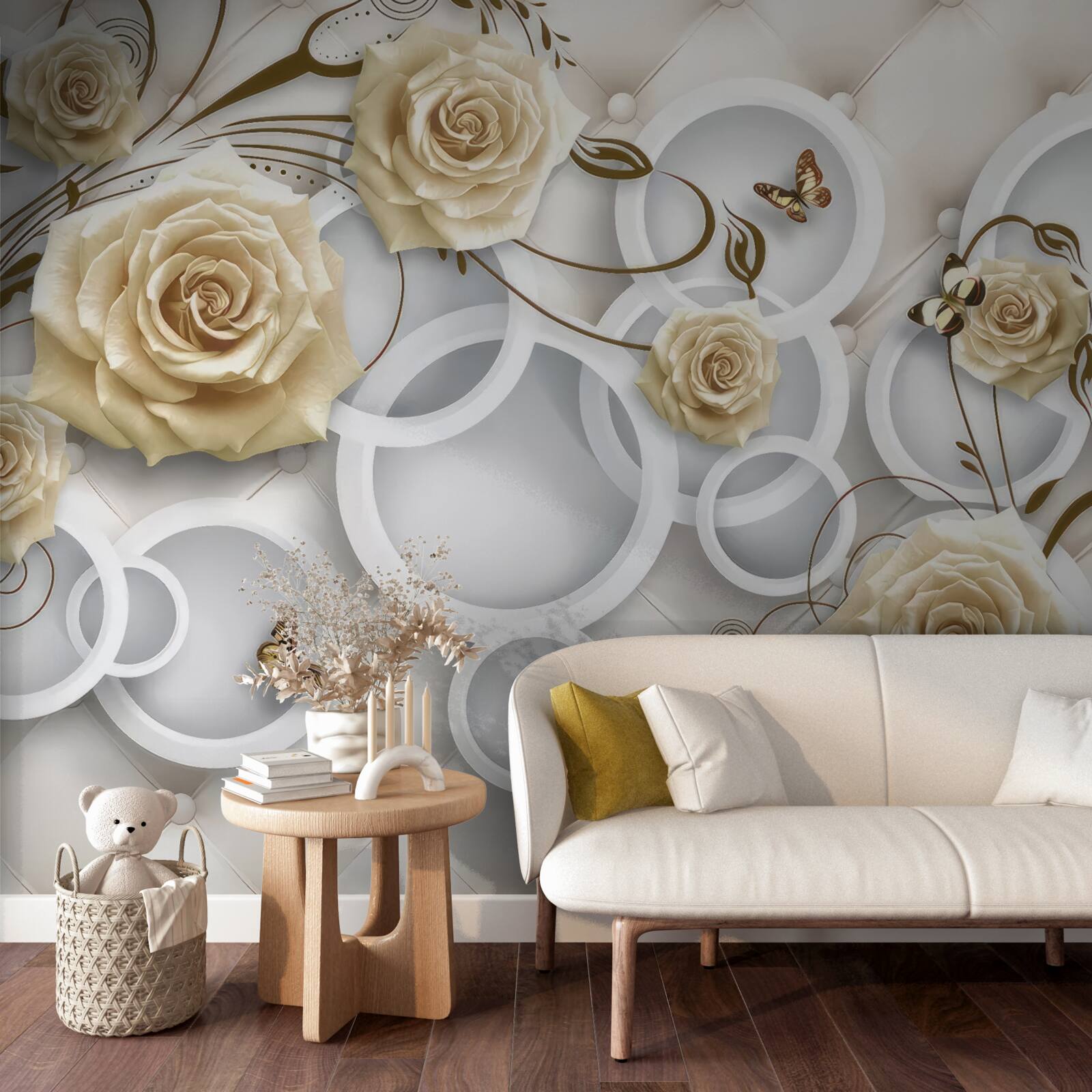 Fototapeta kremowe róże i motyle