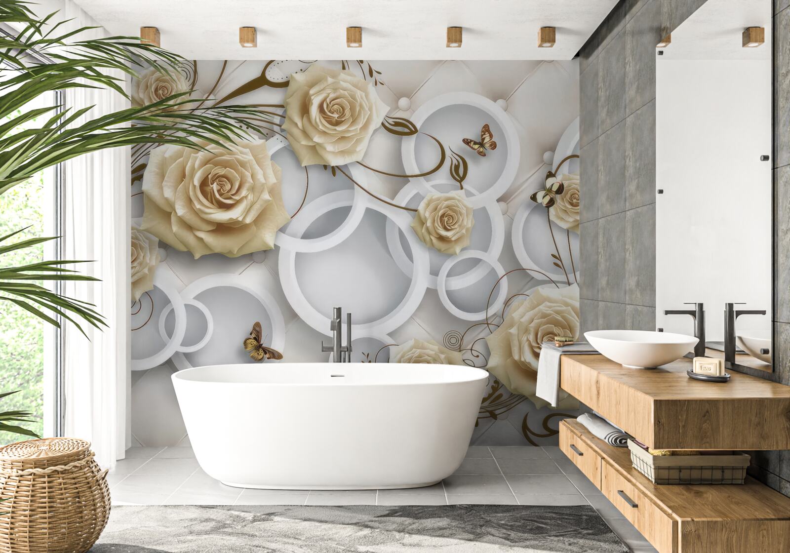 Fototapeta kremowe róże i motyle