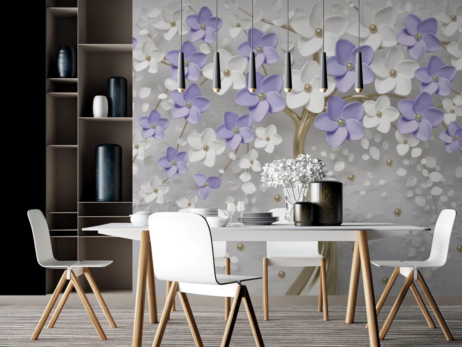 Fototapeta złote drzewo ozdobione białymi i liliowymi kwiatami