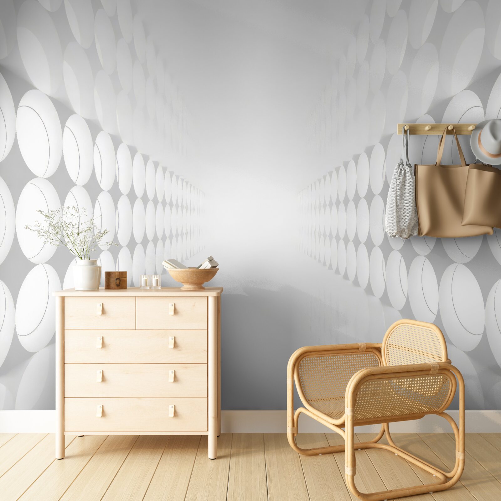 Fototapeta tunel jest biały, a na jego końcu znajduje się oświetlenie