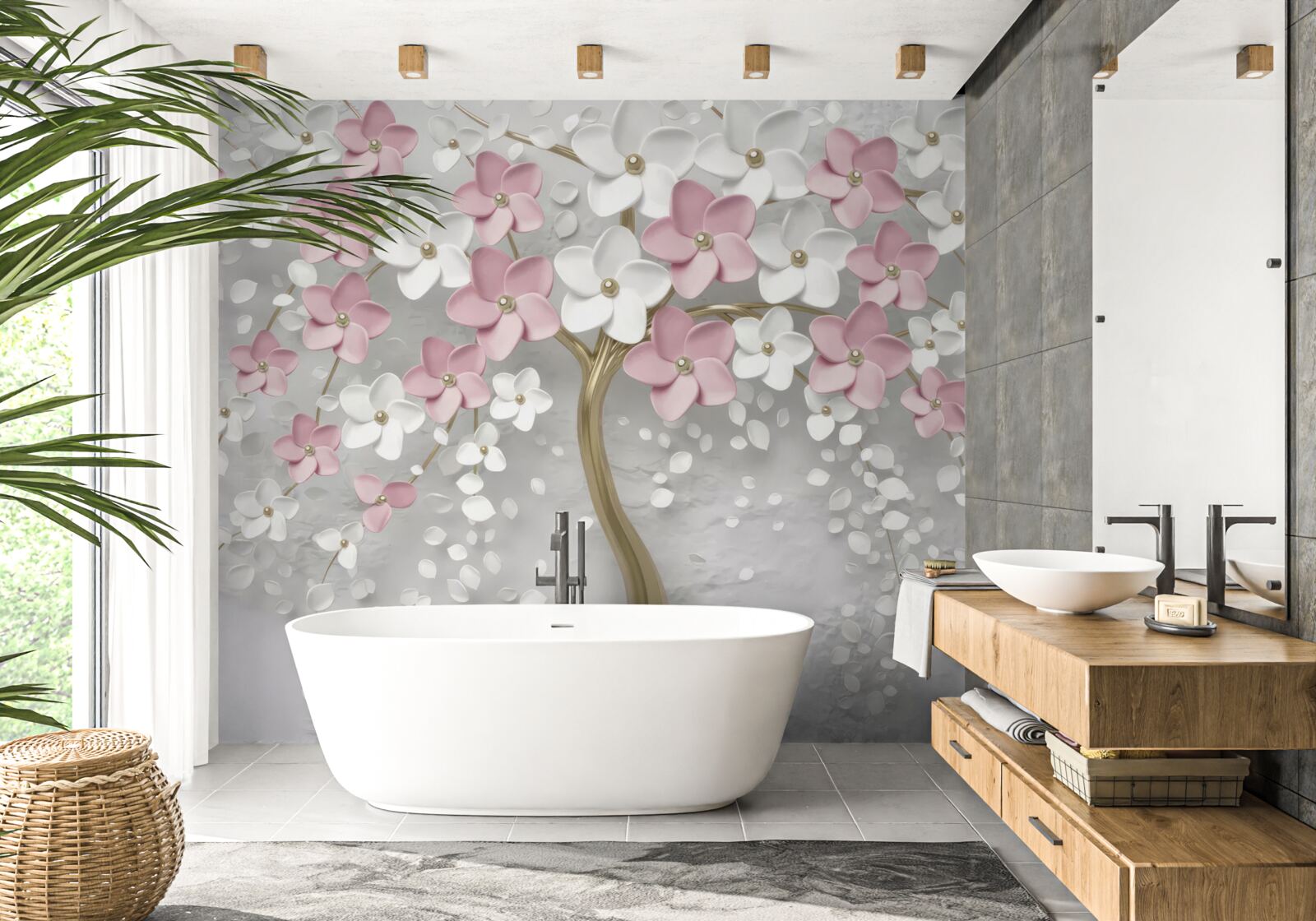 Fototapeta małe kwiaty w kolorze białym i różowym na drzewie ze złotymi liśćmi