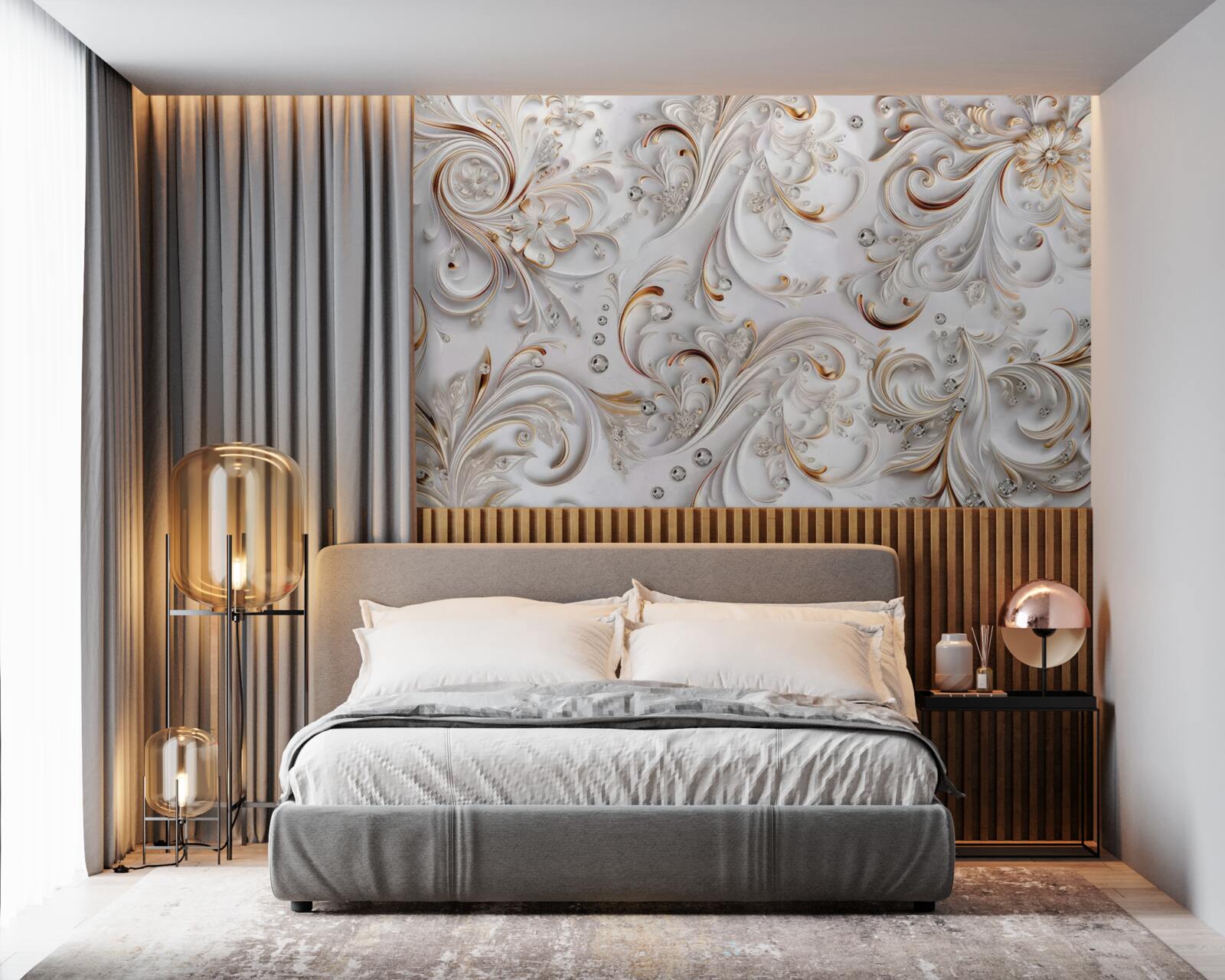 Fototapeta kwiaty śnieżnobiałe ze złotymi lokami i elementami wolumetrycznymi