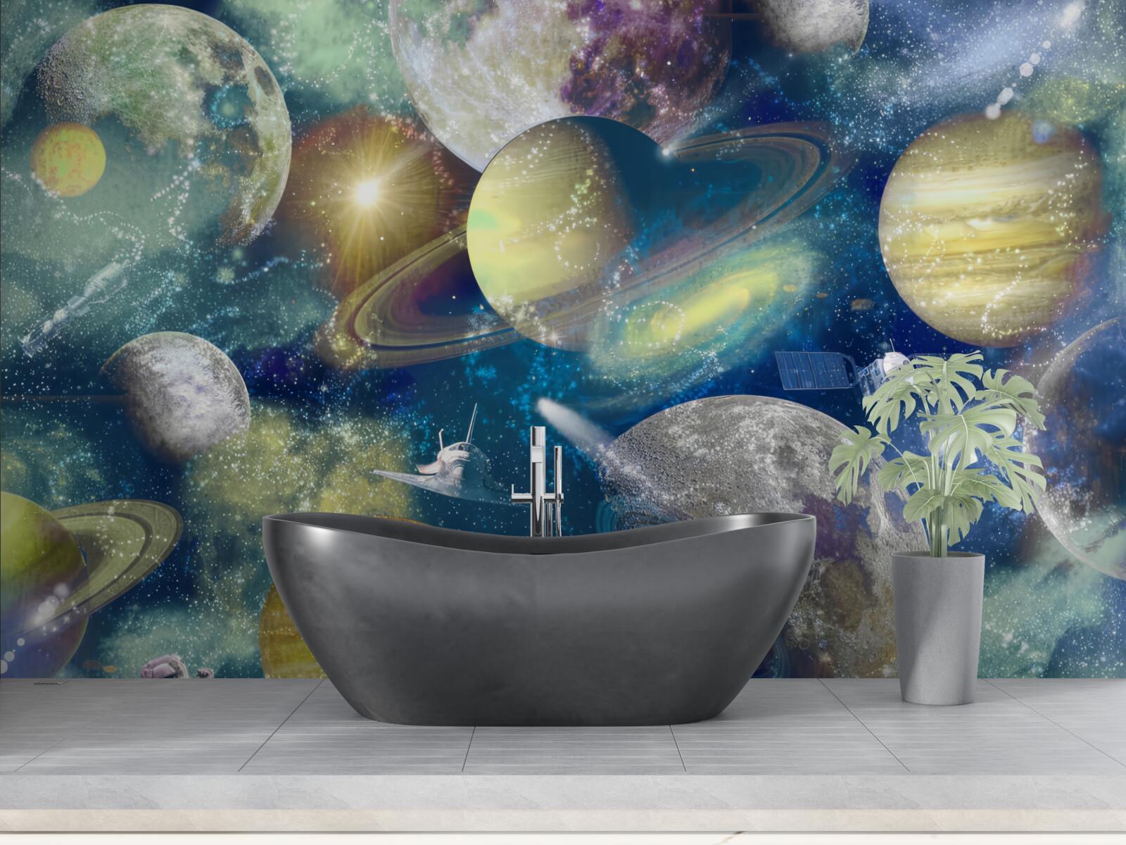 Fototapeta astronauta na tle różnych planet w kosmosie