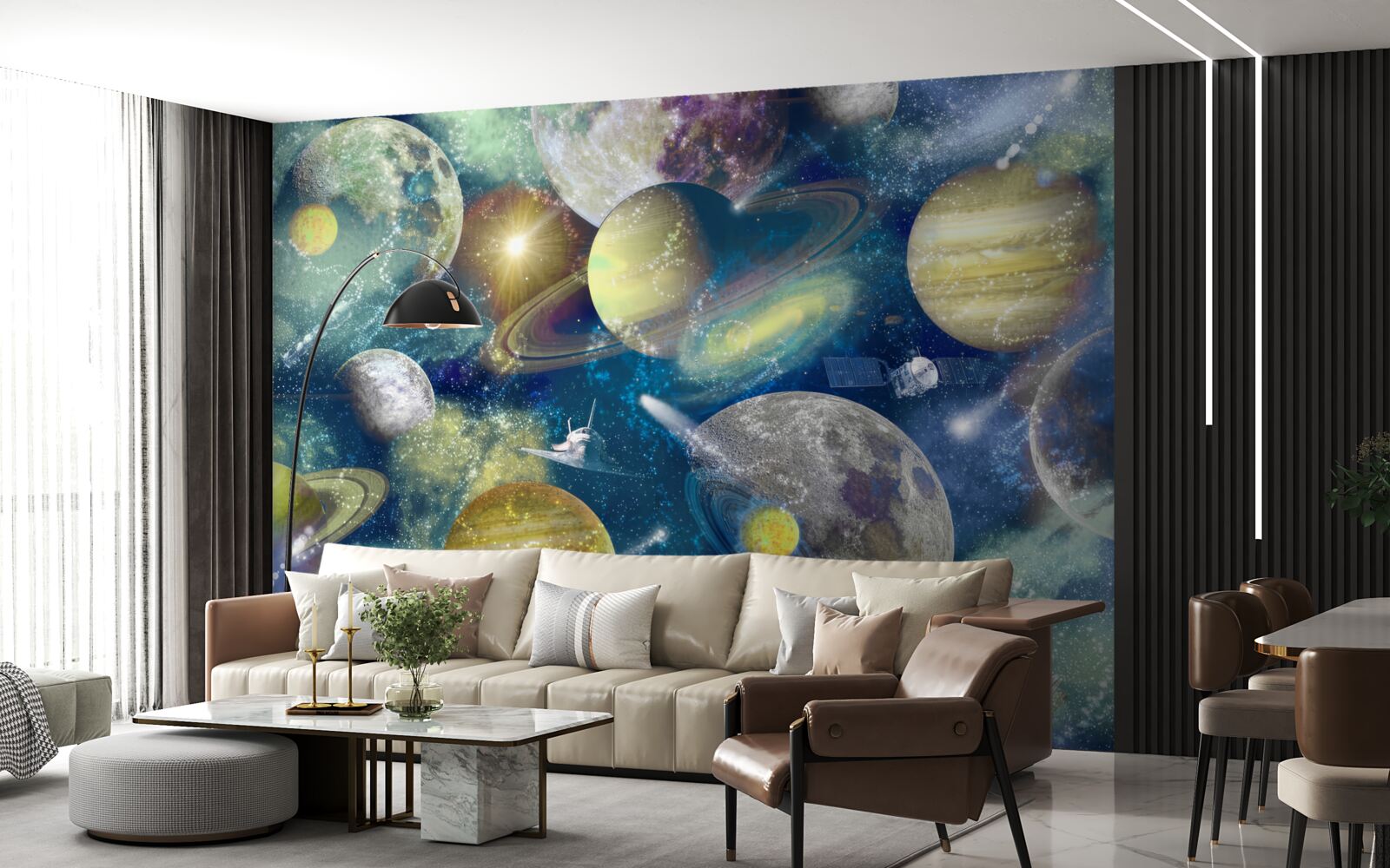 Fototapeta astronauta na tle różnych planet w kosmosie