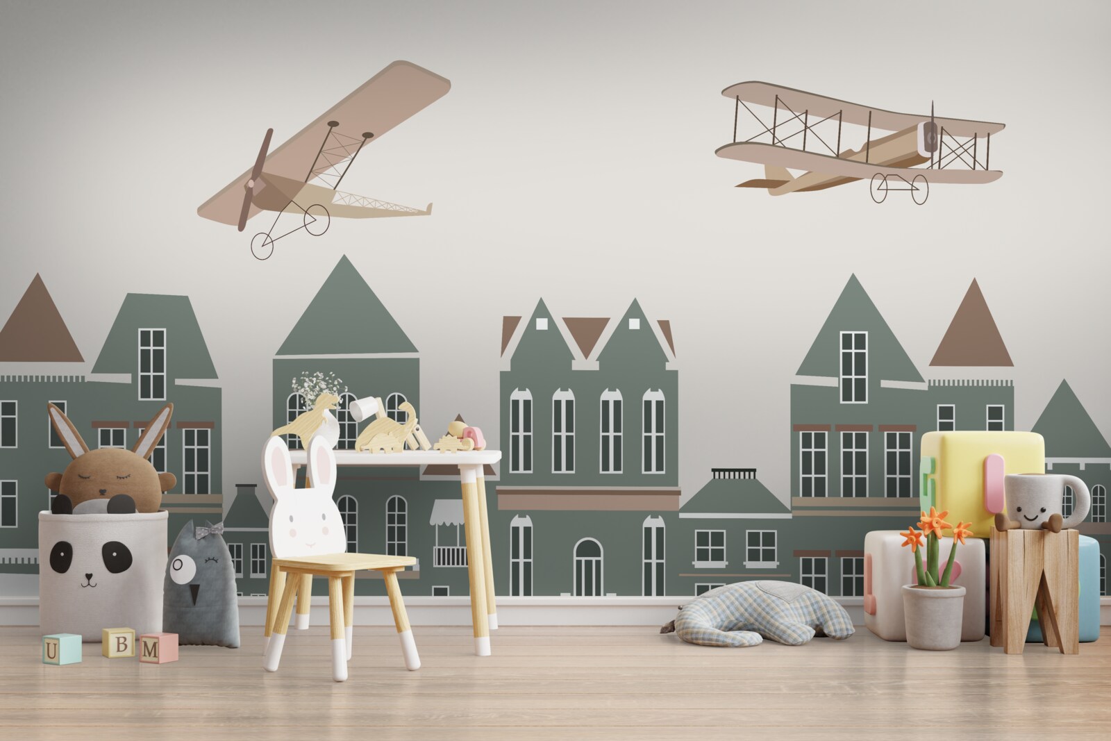 Fototapeta samoloty unoszą się nad domami