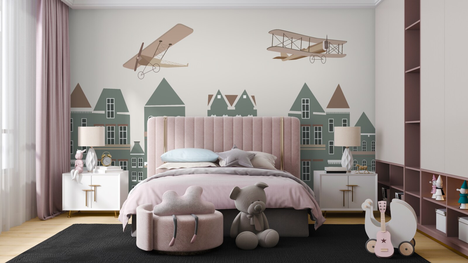 Fototapeta samoloty unoszą się nad domami