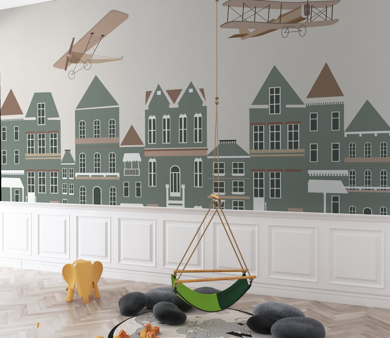 Fototapeta samoloty unoszą się nad domami