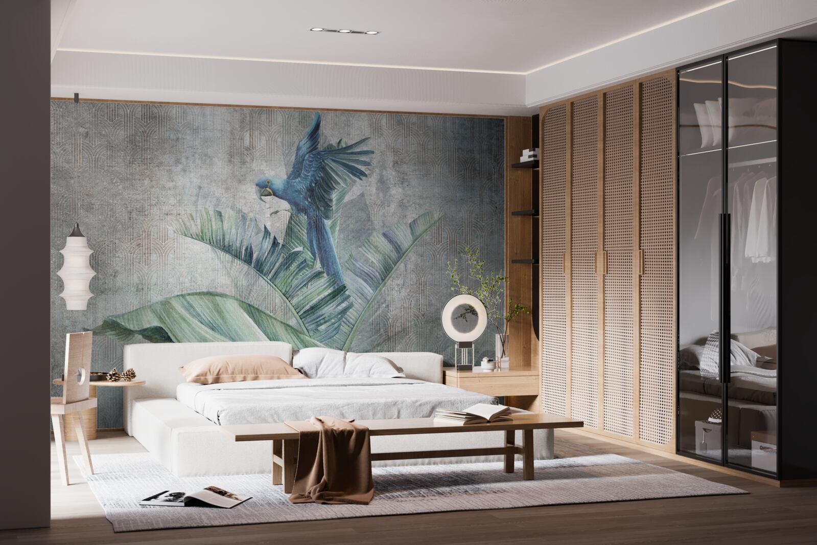 Fototapeta papuga ląduje na palmie