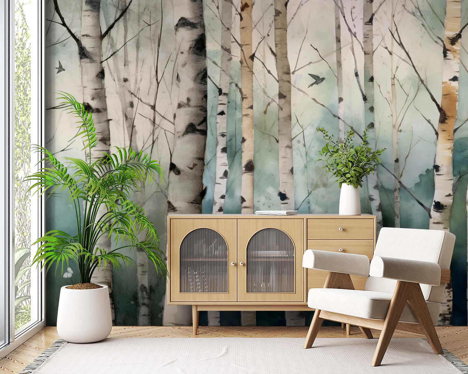 Fototapeta akwarela przedstawiająca smukły gaj brzóz