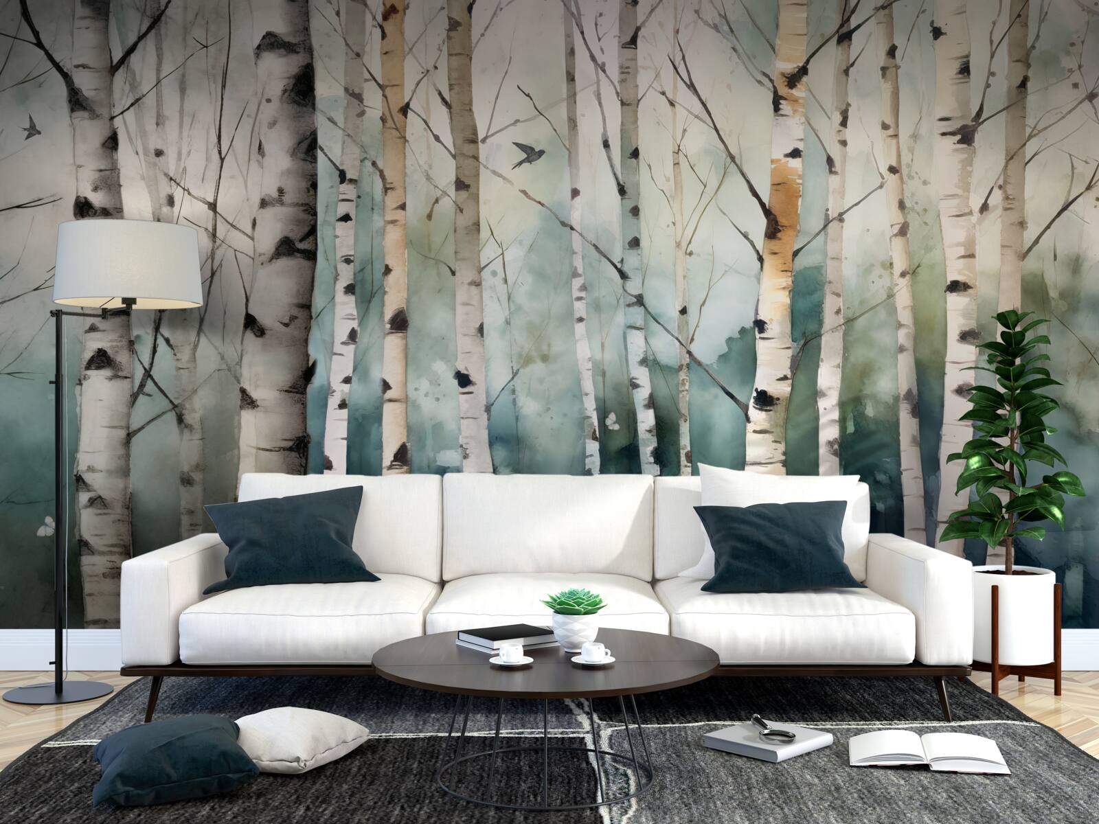 Fototapeta akwarela przedstawiająca smukły gaj brzóz