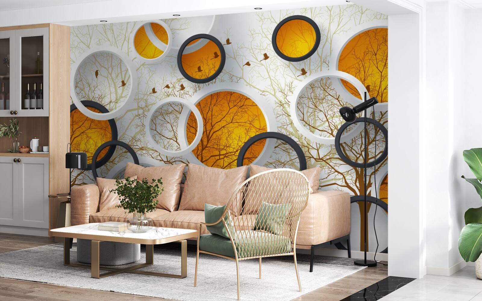 Fototapeta drzewa jesienią i śnieżnobiałe kręgi z bursztynem