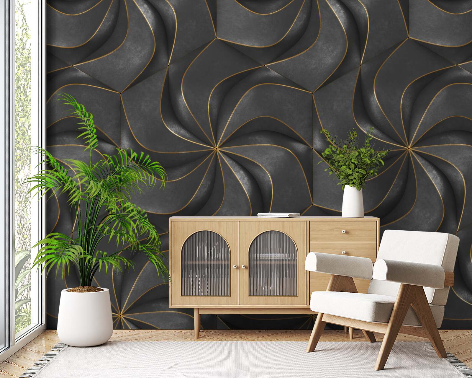 Fototapeta ciemne wzory 3d ze złotymi akcentami