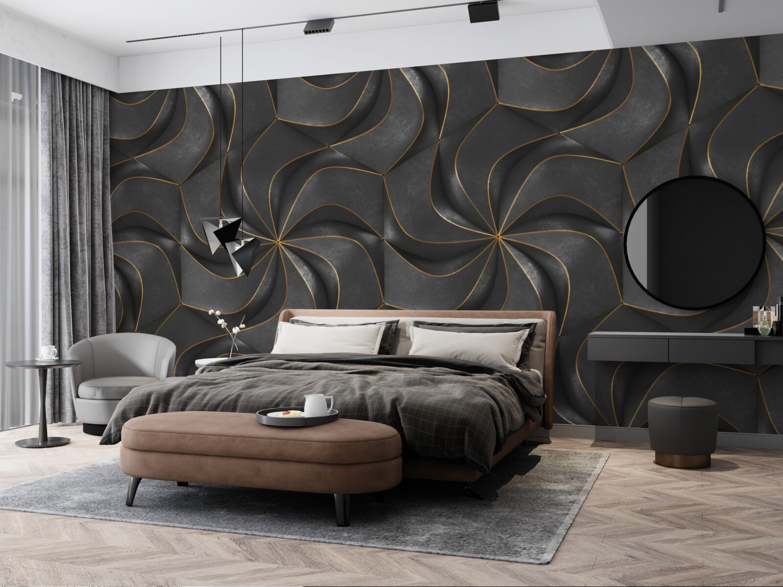 Fototapeta ciemne wzory 3d ze złotymi akcentami