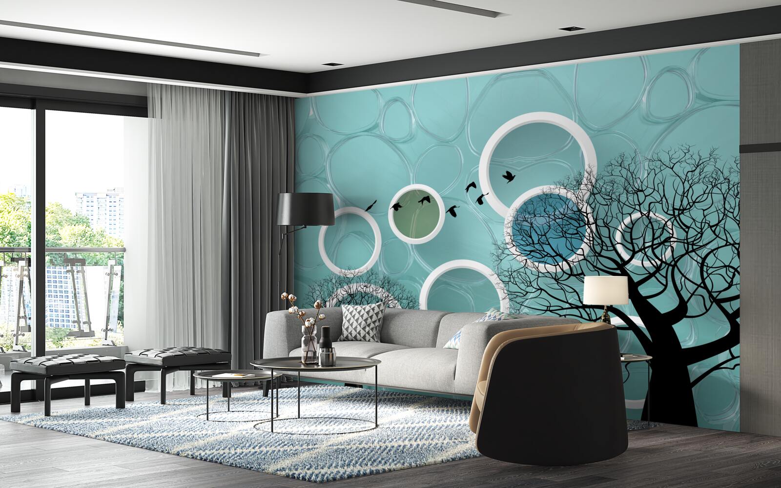 Fototapeta turkusowe koła i drzewa