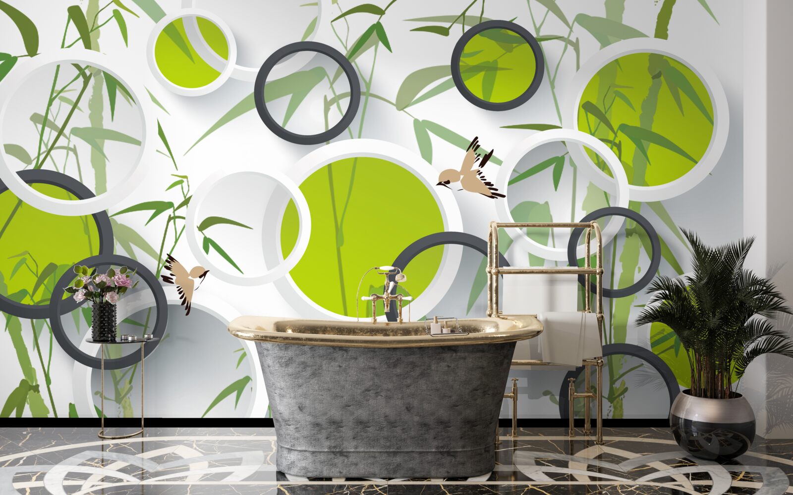 Fototapeta okręgi na roślinach i ptakach