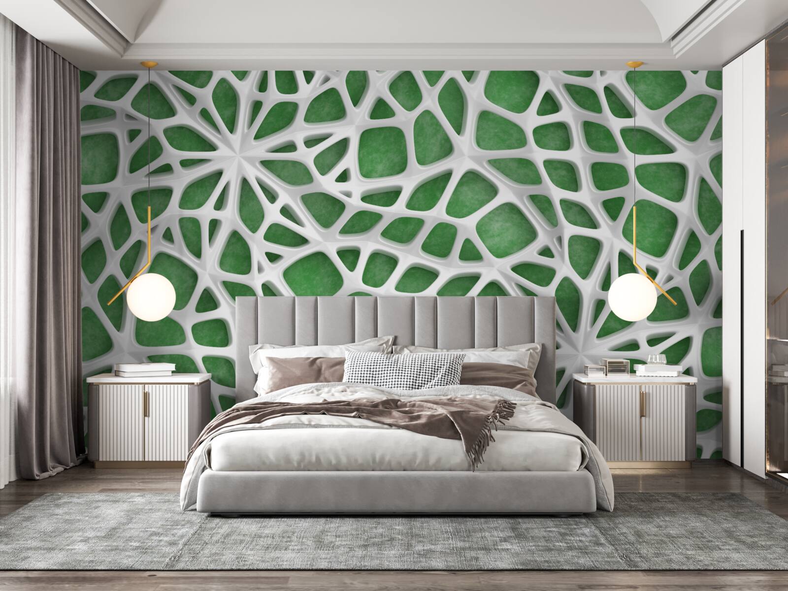 Fototapeta na zielonym tle znajduje się duża biała pajęczyna