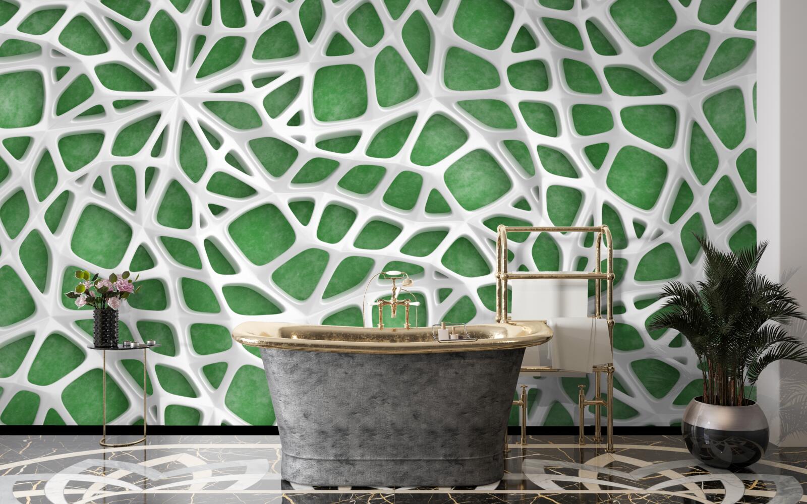 Fototapeta na zielonym tle znajduje się duża biała pajęczyna