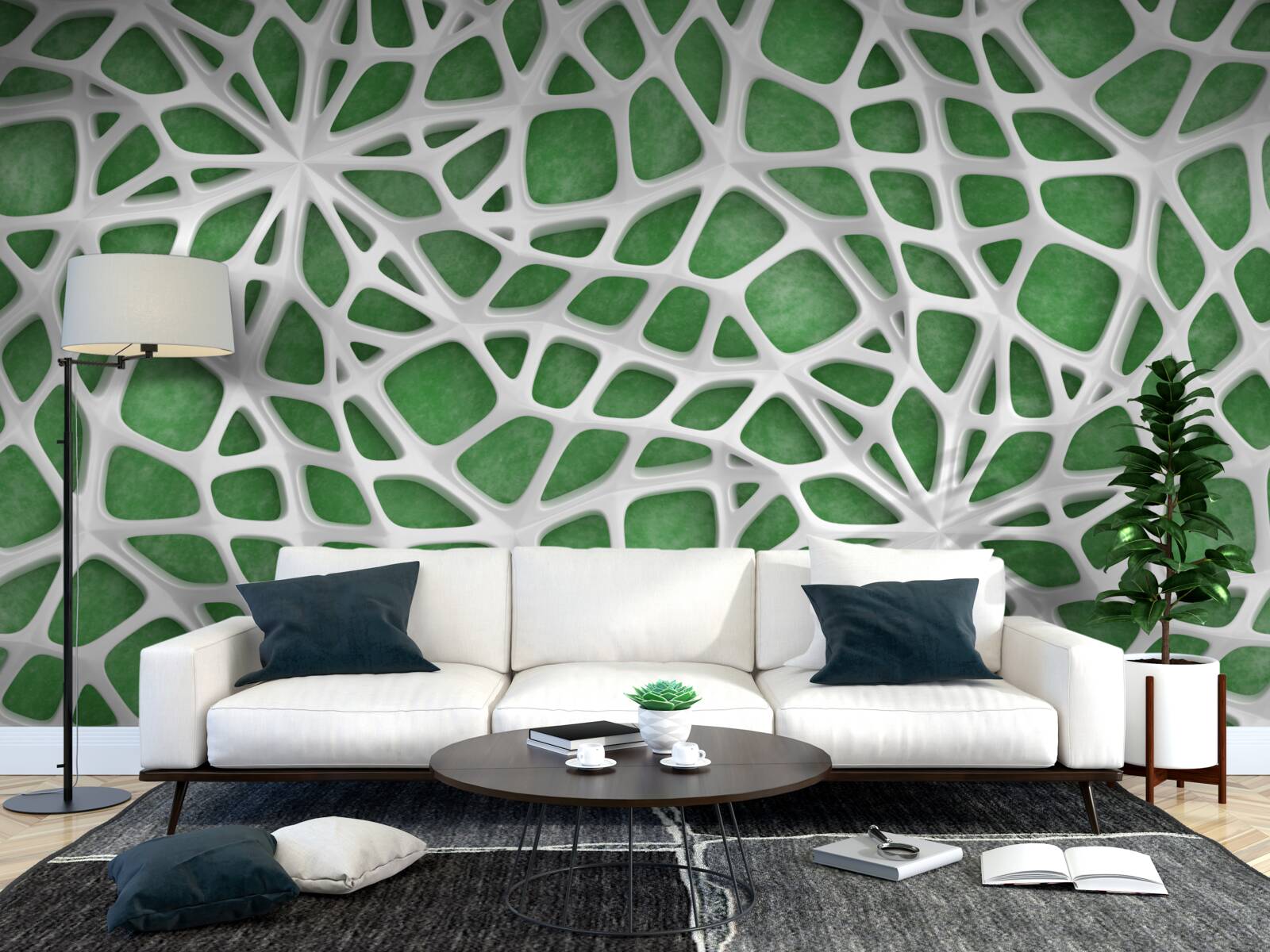 Fototapeta na zielonym tle znajduje się duża biała pajęczyna