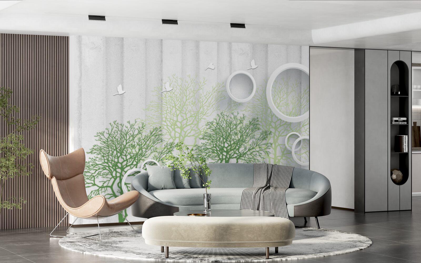 Fototapeta smukłe drzewa z zielonymi liśćmi i śnieżnobiałymi kółkami