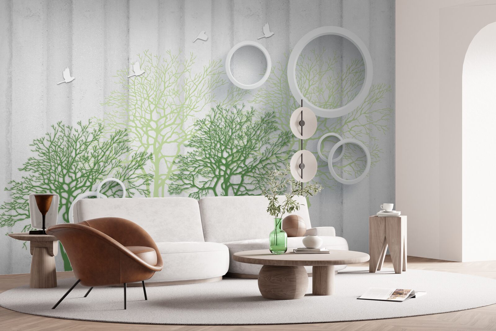 Fototapeta smukłe drzewa z zielonymi liśćmi i śnieżnobiałymi kółkami