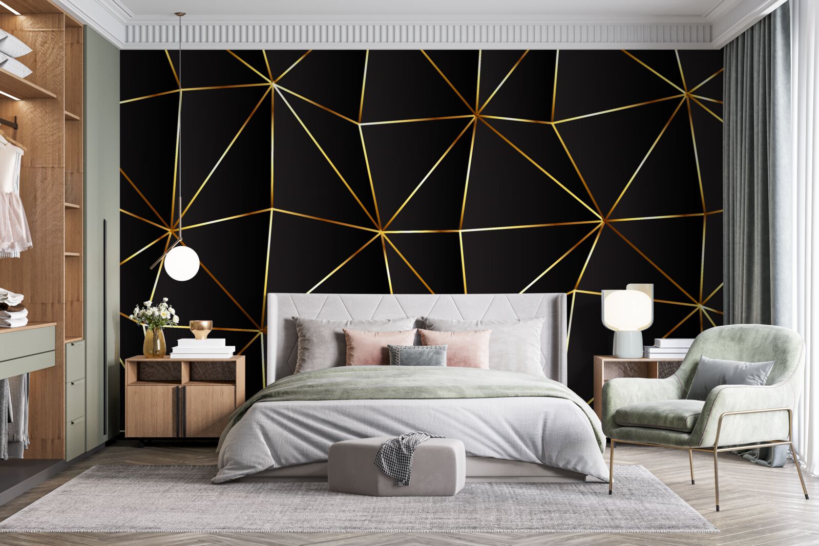 Fototapeta złote elementy na czarnym tle trójkątów