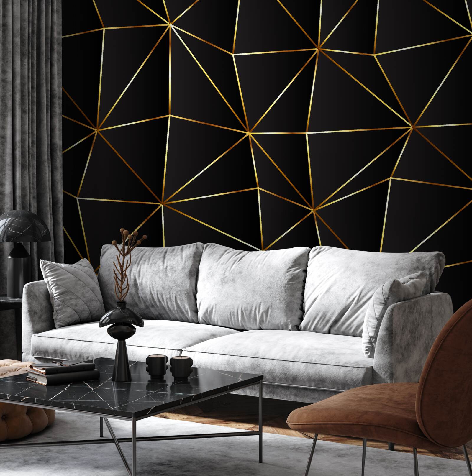 Fototapeta złote elementy na czarnym tle trójkątów