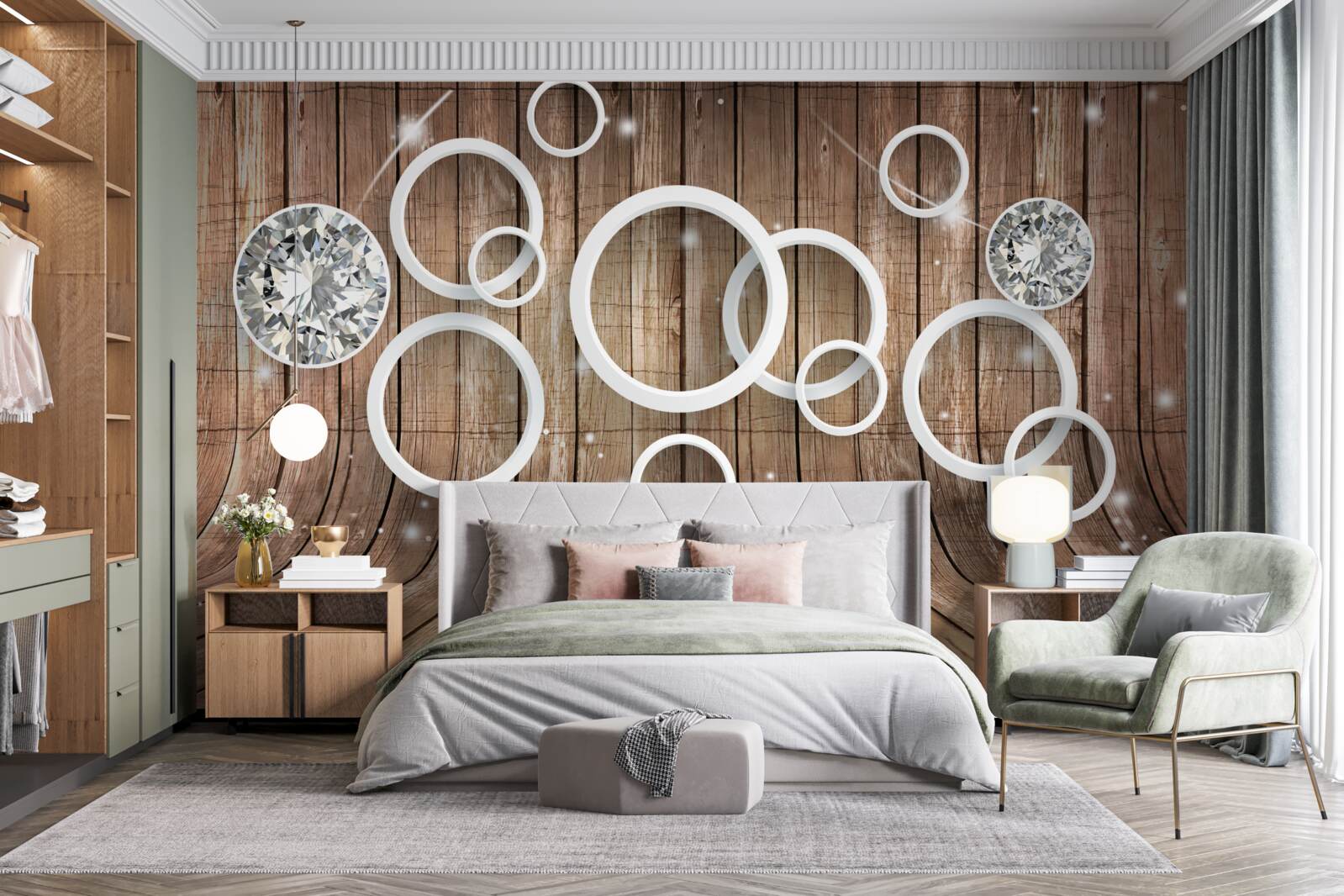 Fototapeta tekstura drewna i białe kółka