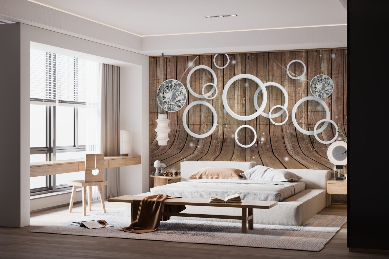 Fototapeta tekstura drewna i białe kółka