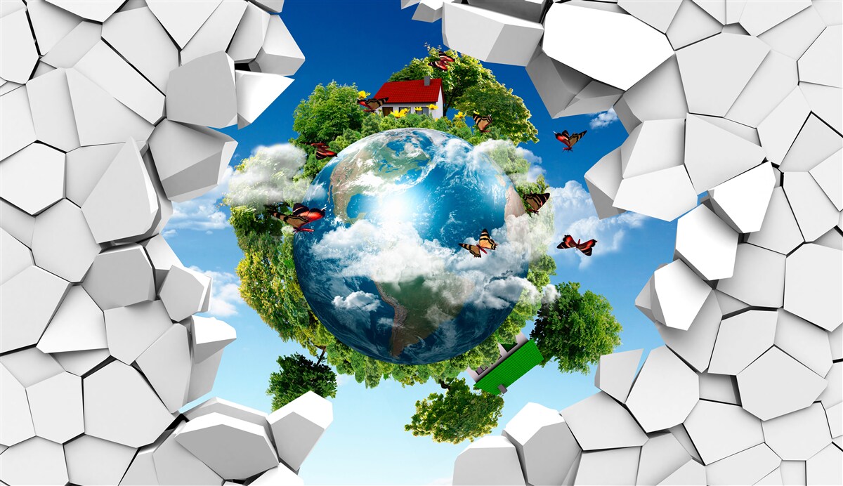 Fototapeta Ściana z kamienia i planeta pokryta zielenią