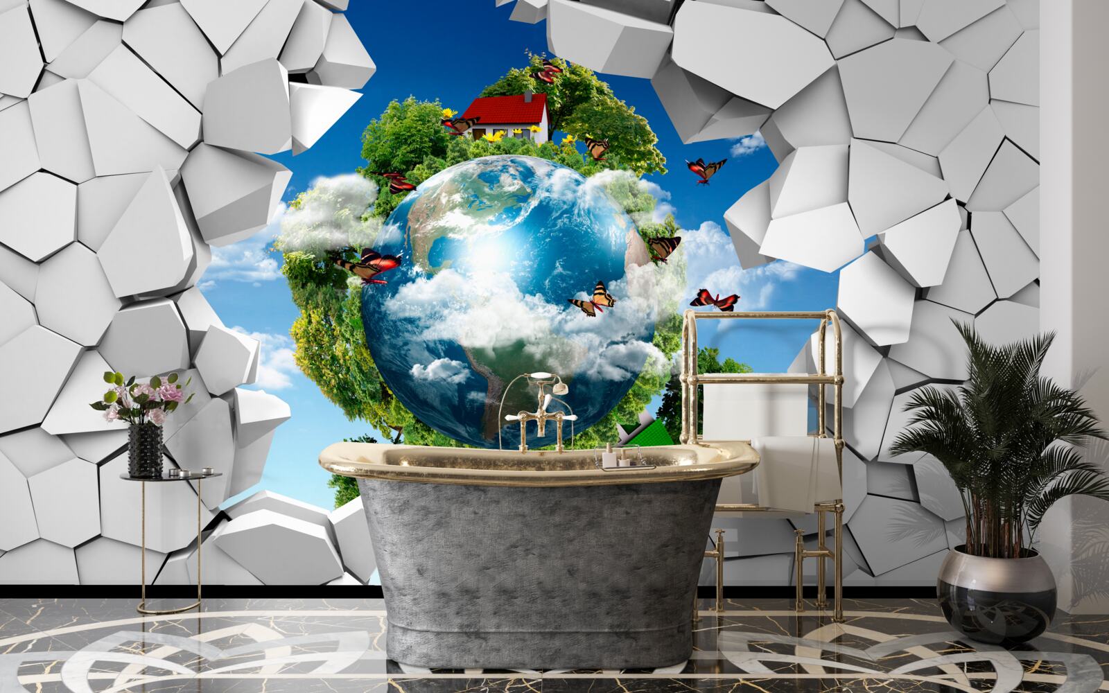 Fototapeta Ściana z kamienia i planeta pokryta zielenią