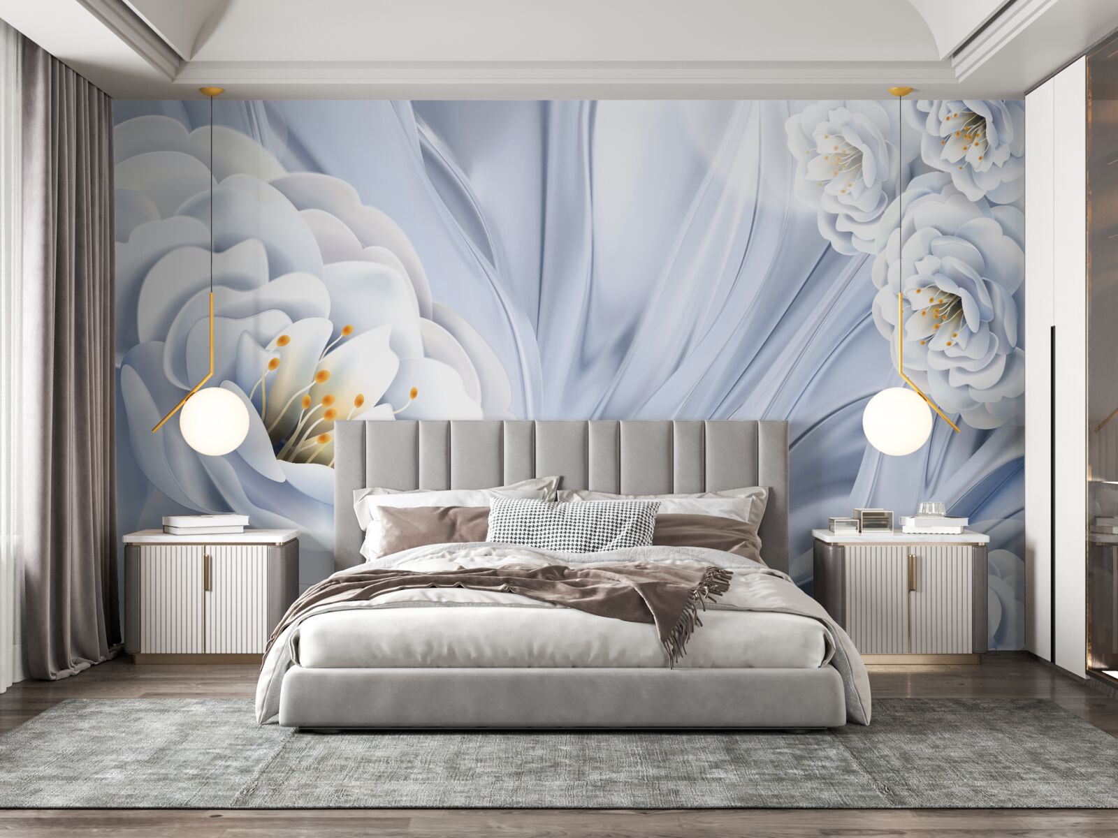 Fototapeta duże śnieżnobiałe pąki i zielone liście