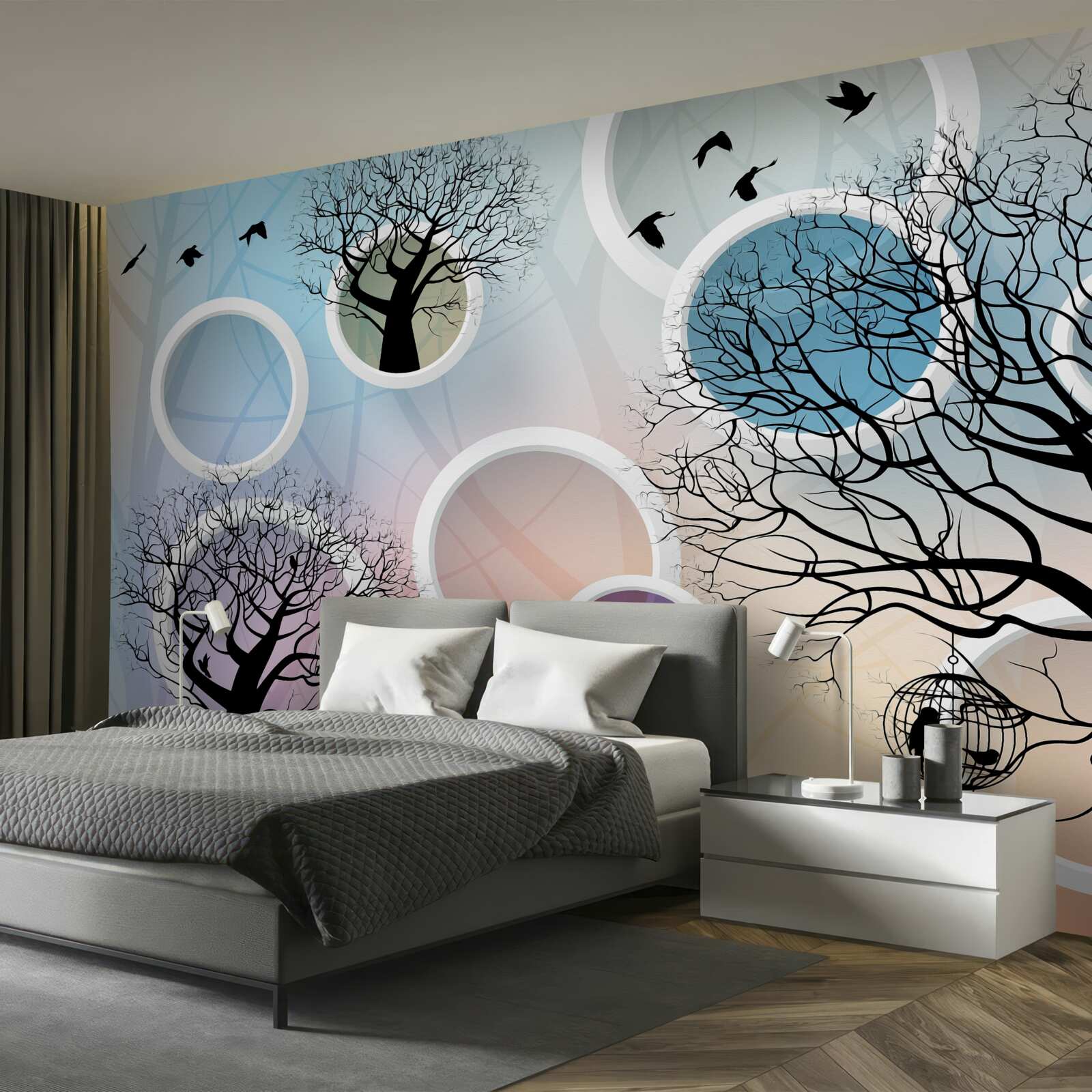 Fototapeta duże farby przedstawiające wielokolorowe drzewa i białe kółka