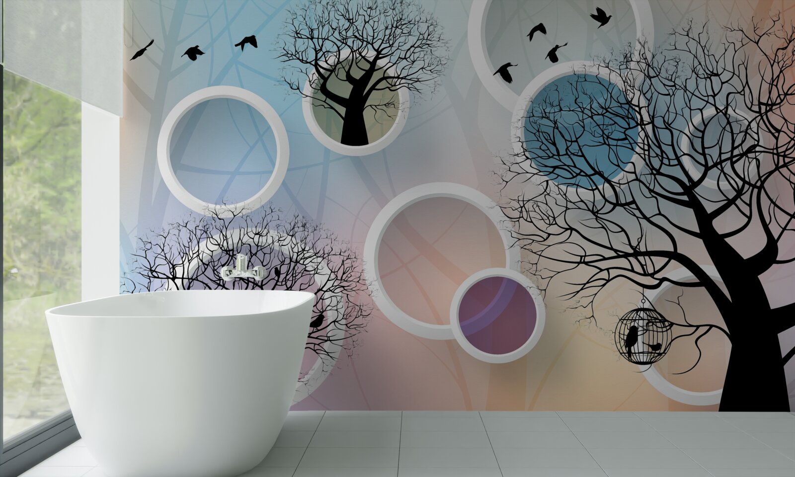 Fototapeta duże farby przedstawiające wielokolorowe drzewa i białe kółka