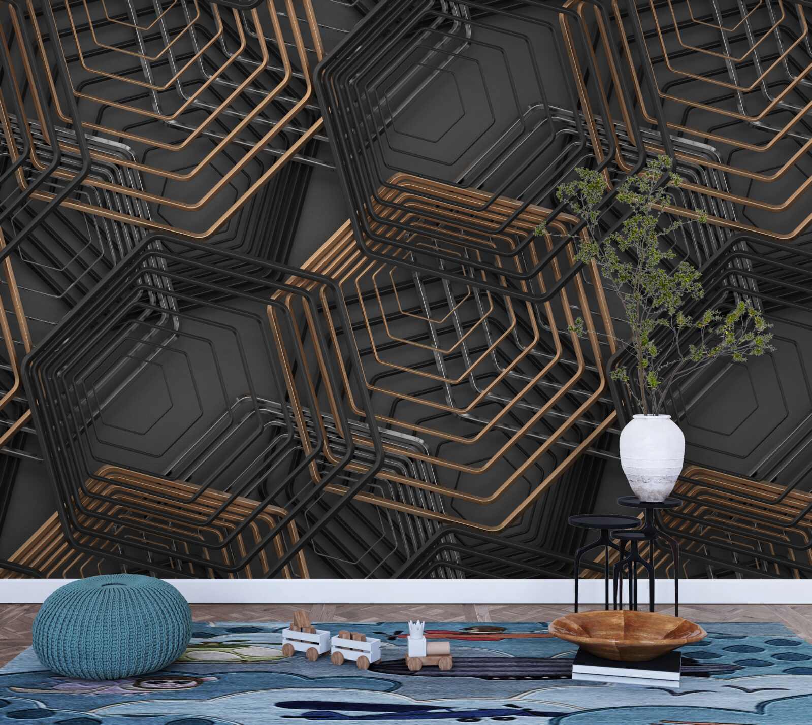 Fototapeta czarno-brązowe pięciokąty o strukturze siatki