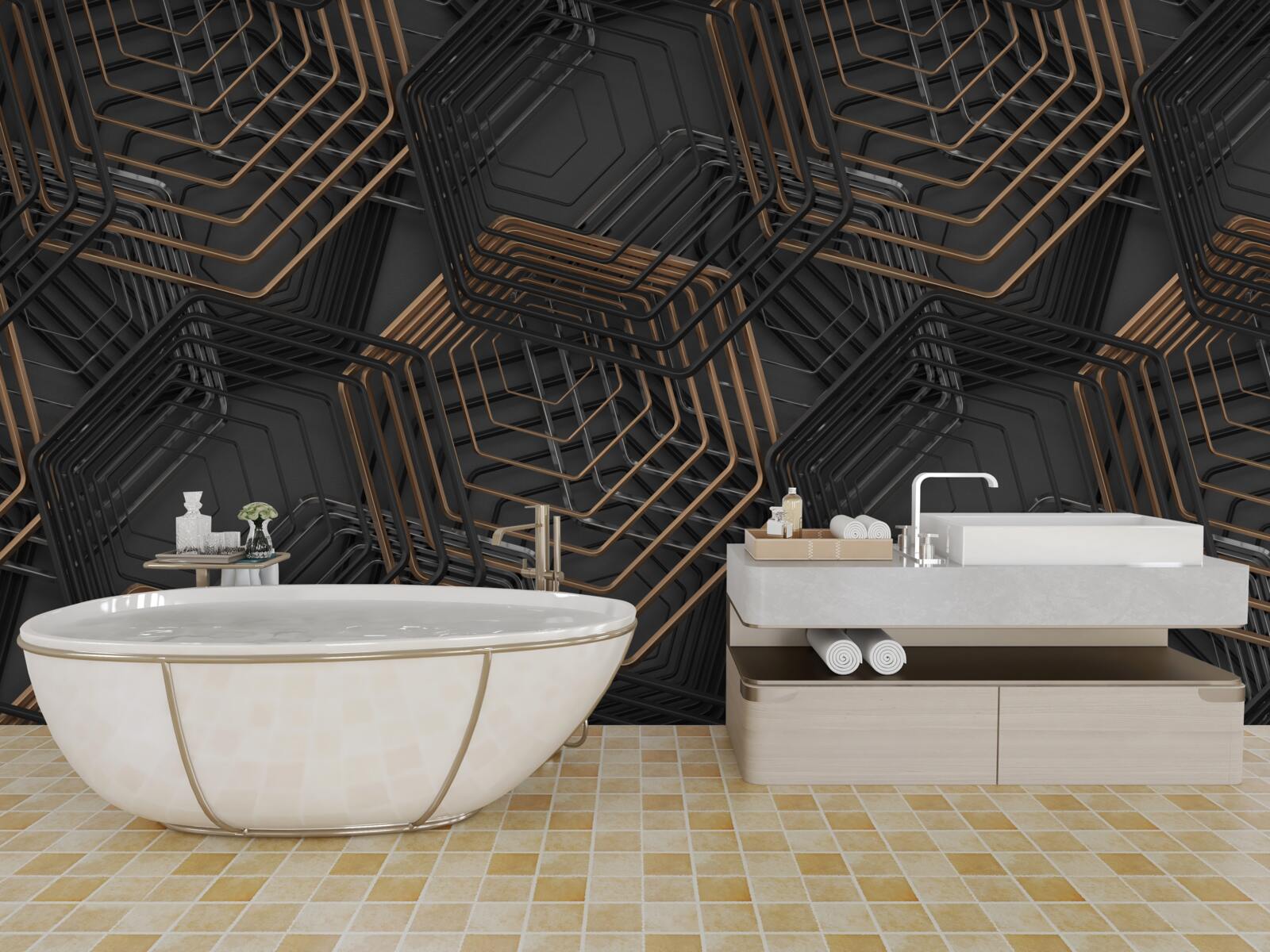 Fototapeta czarno-brązowe pięciokąty o strukturze siatki