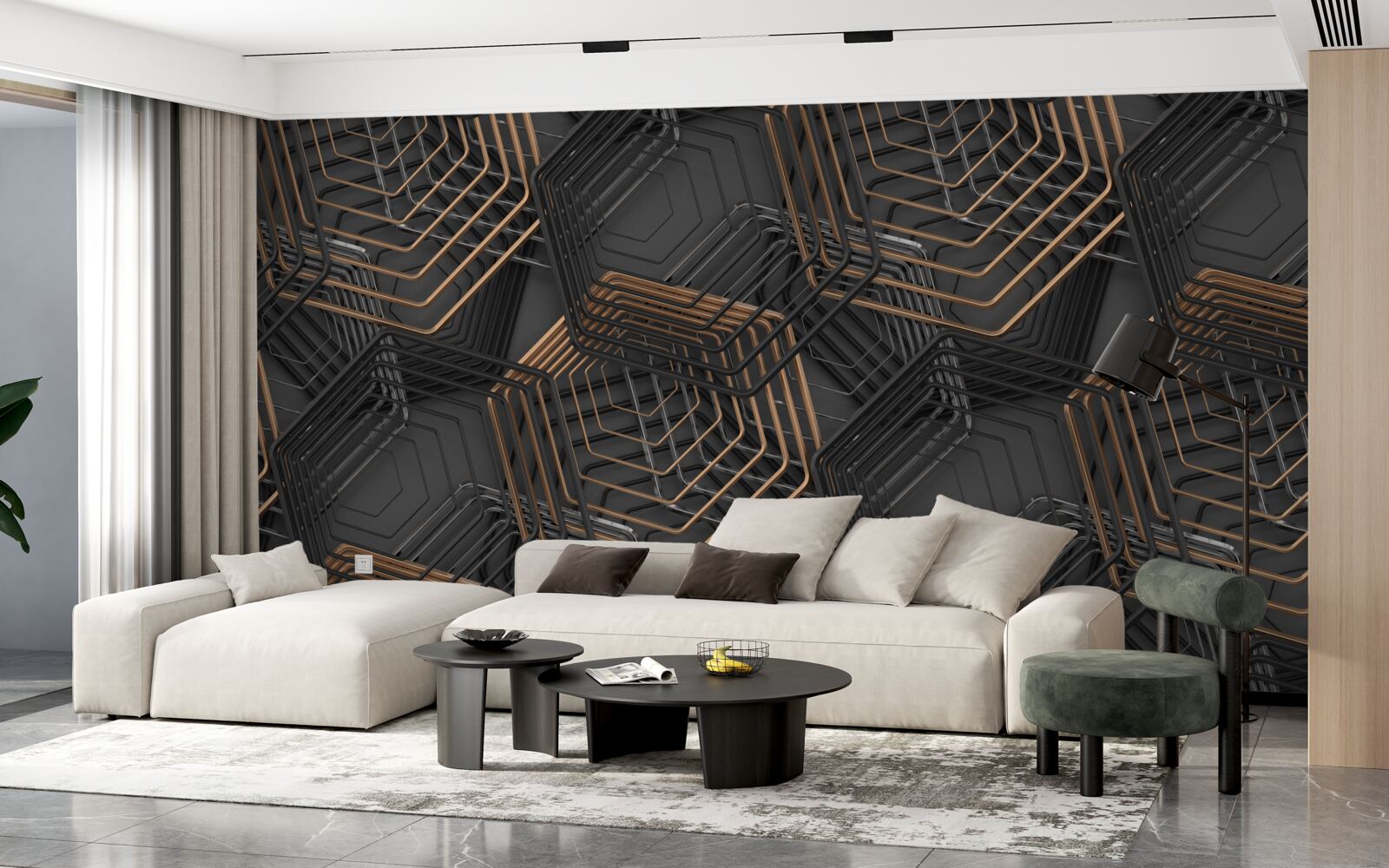 Fototapeta czarno-brązowe pięciokąty o strukturze siatki