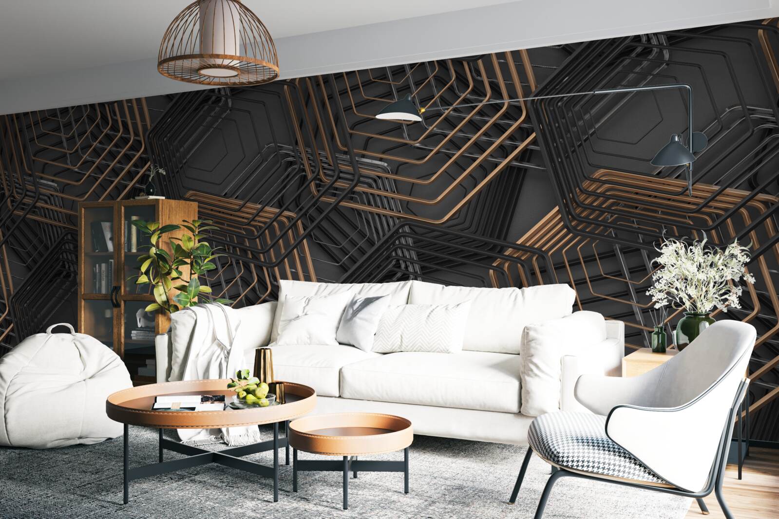 Fototapeta czarno-brązowe pięciokąty o strukturze siatki