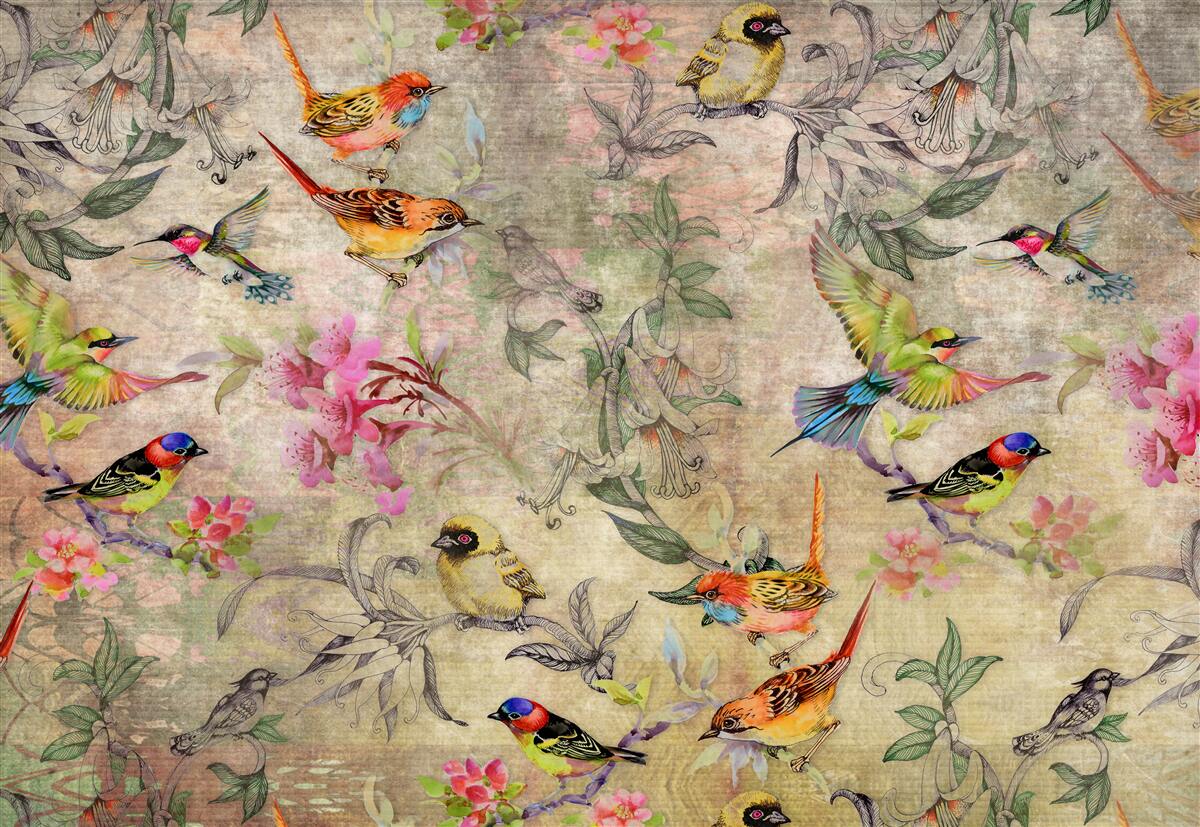 Fototapeta grupa egzotycznych ptaków na drzewach