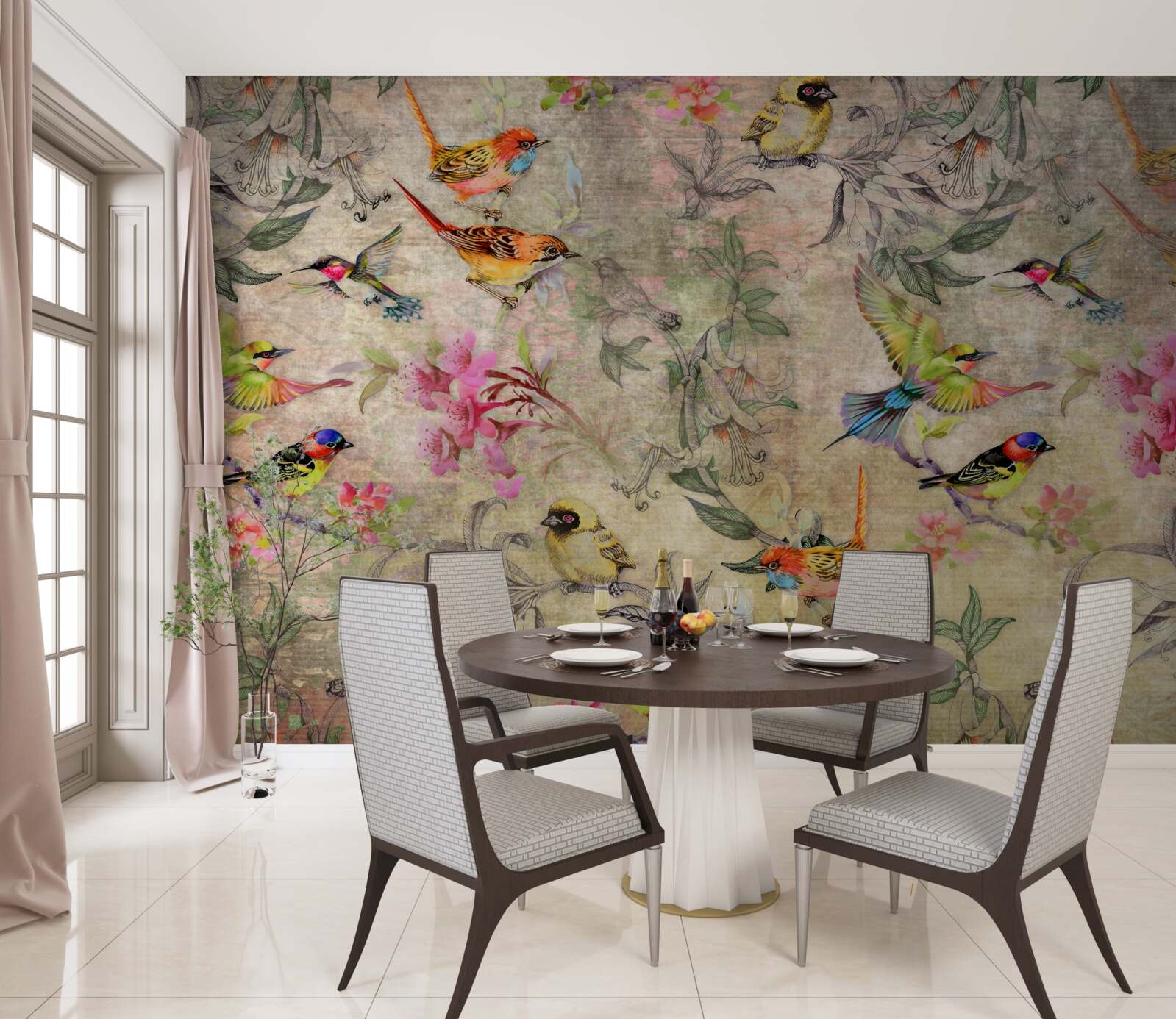 Fototapeta grupa egzotycznych ptaków na drzewach