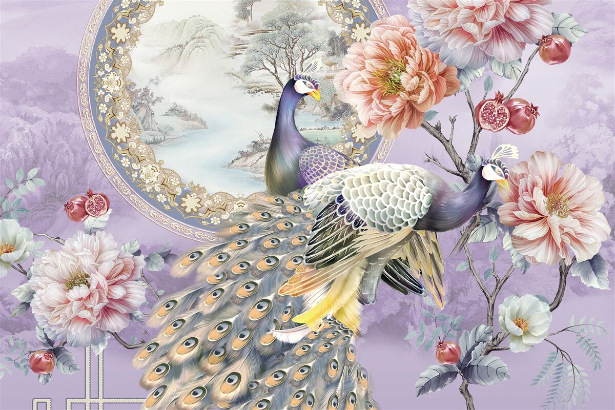 Fototapeta eleganckie pawie wśród kwiatów