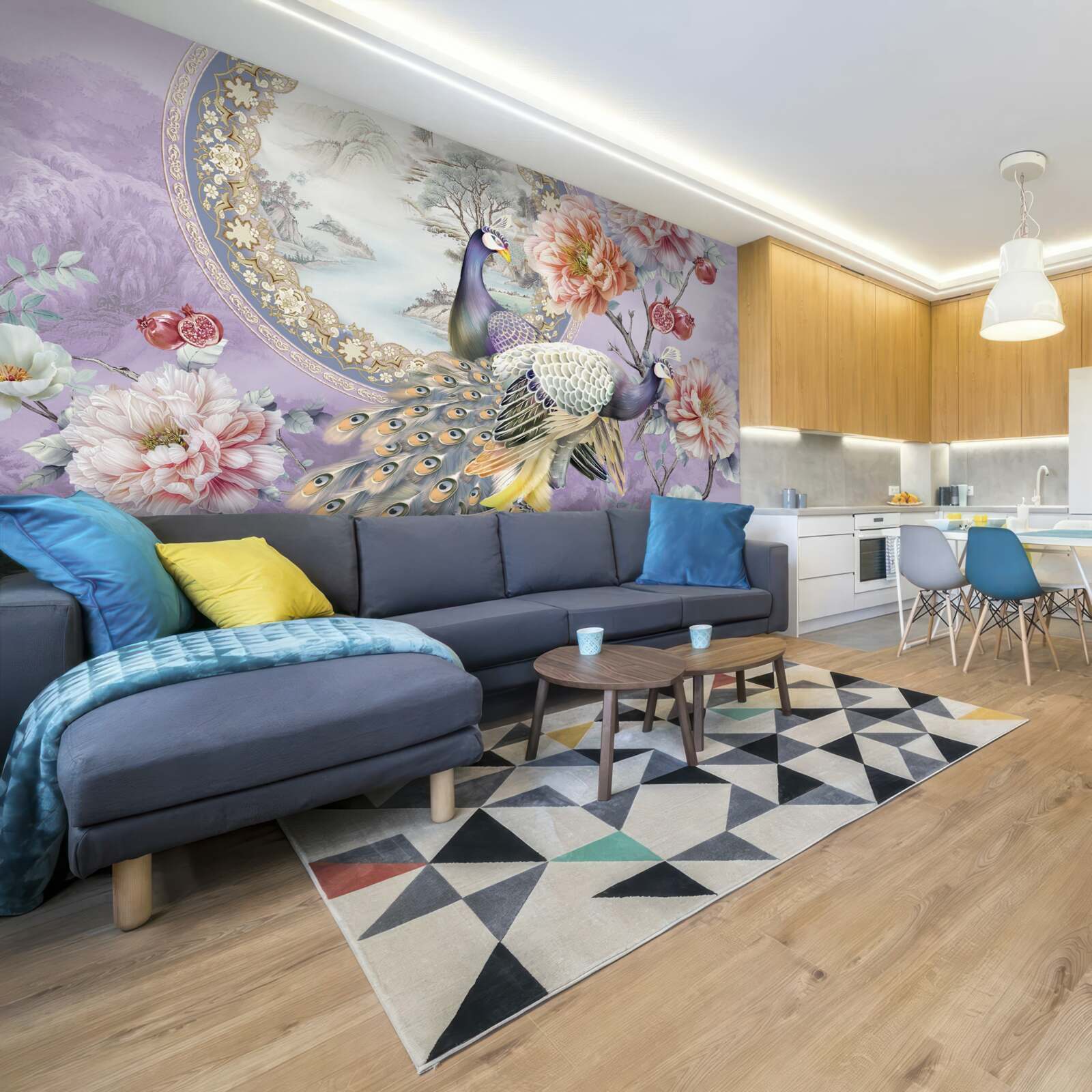 Fototapeta eleganckie pawie wśród kwiatów