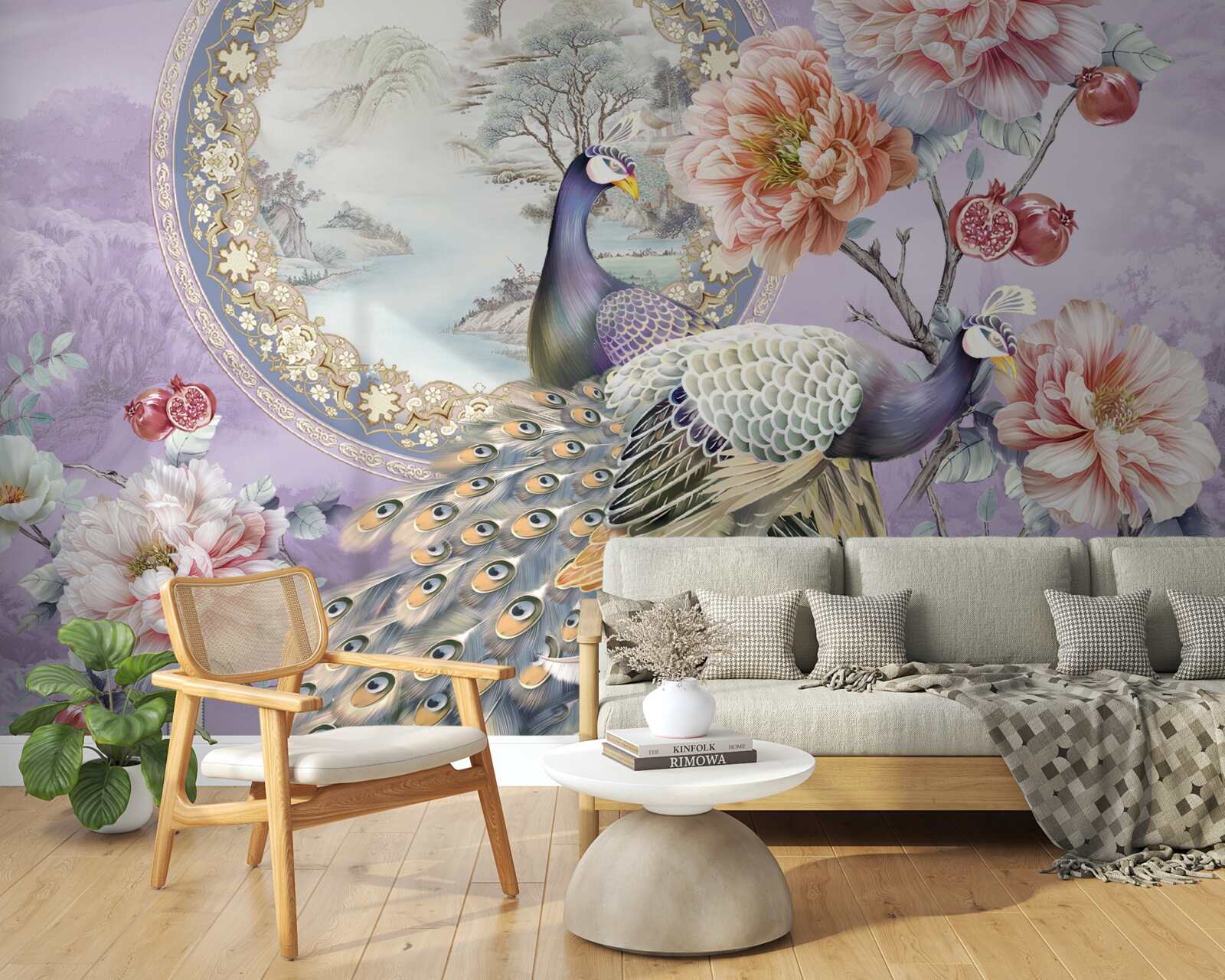 Fototapeta eleganckie pawie wśród kwiatów