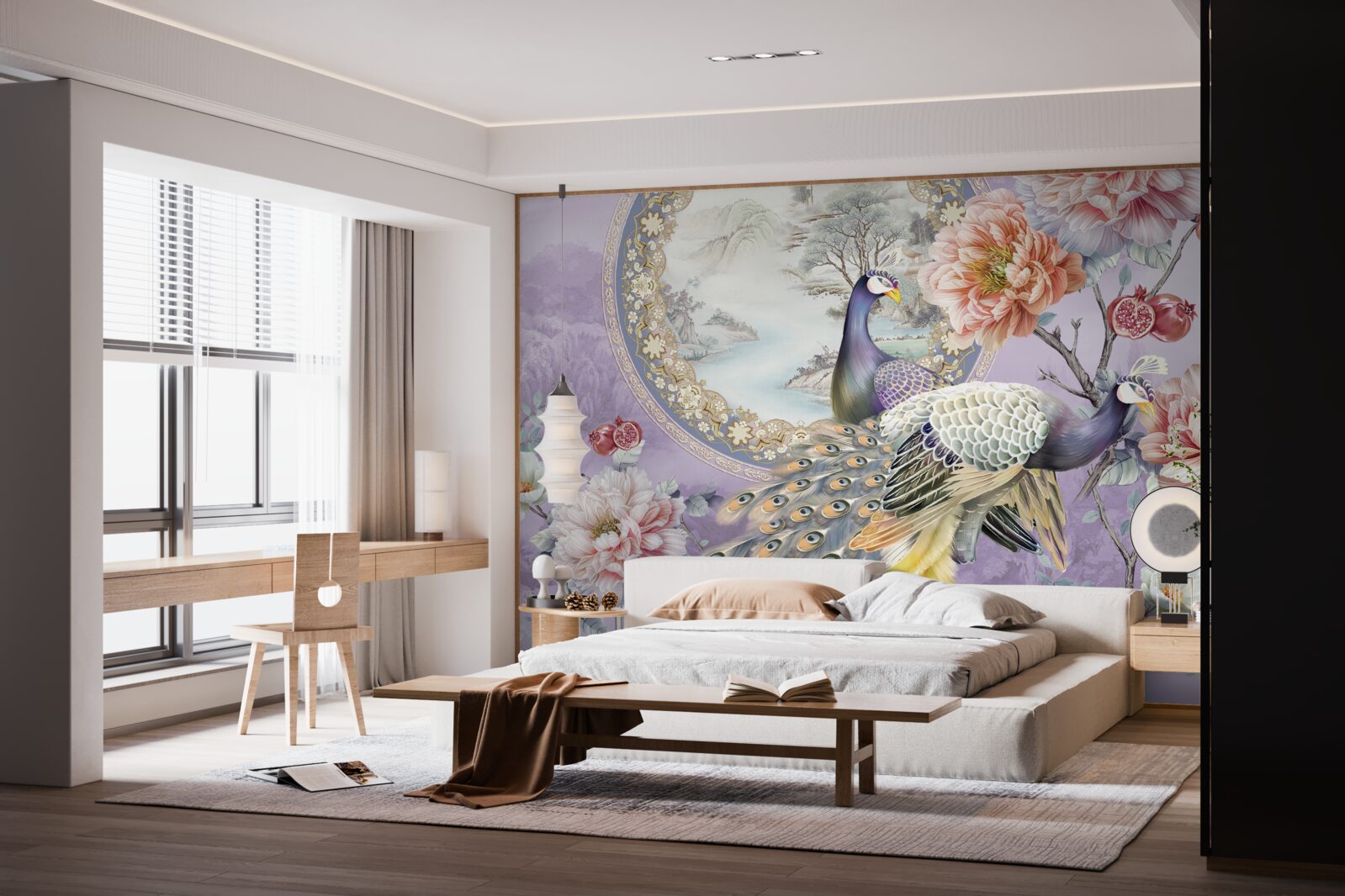 Fototapeta eleganckie pawie wśród kwiatów