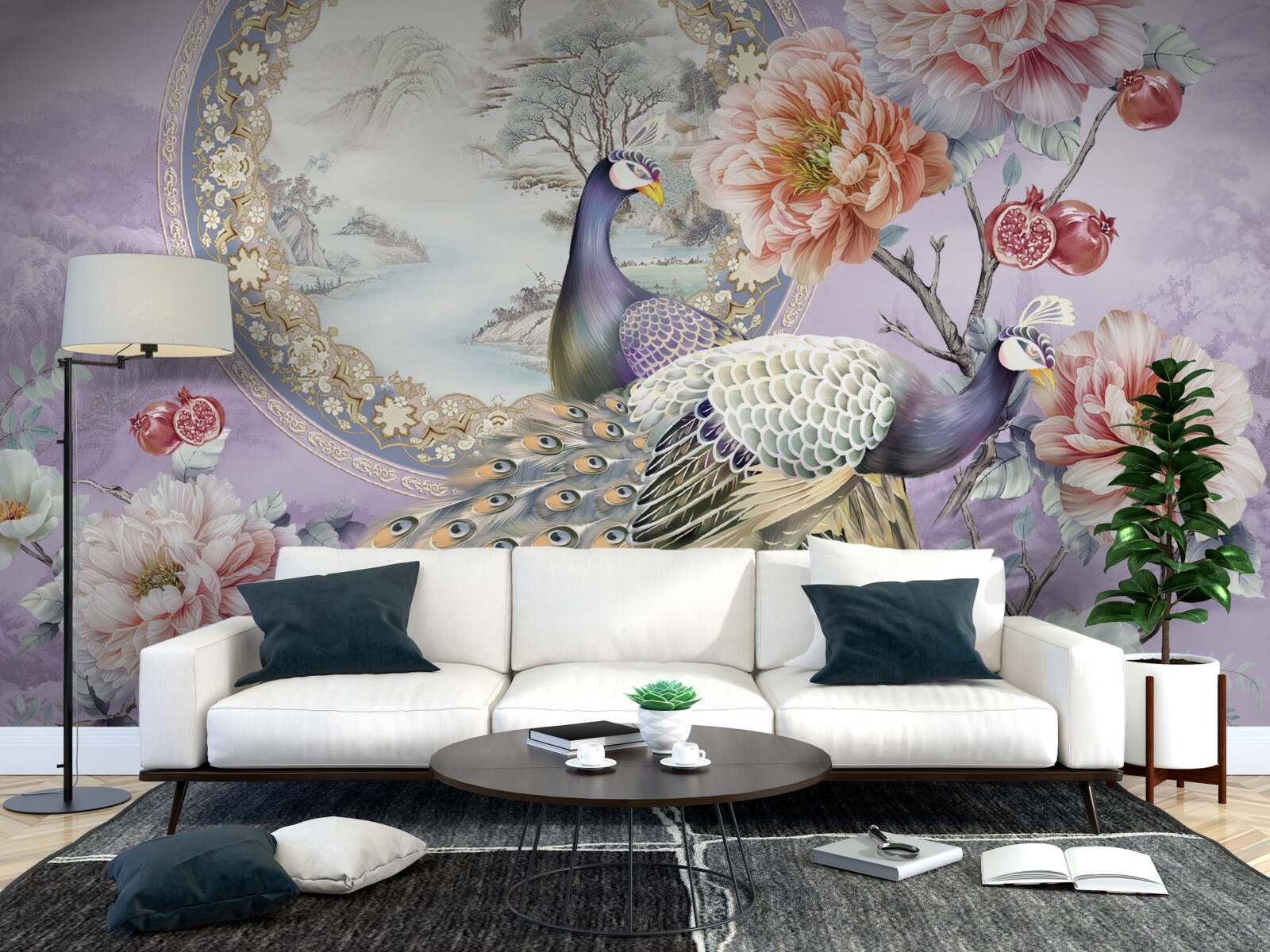 Fototapeta eleganckie pawie wśród kwiatów