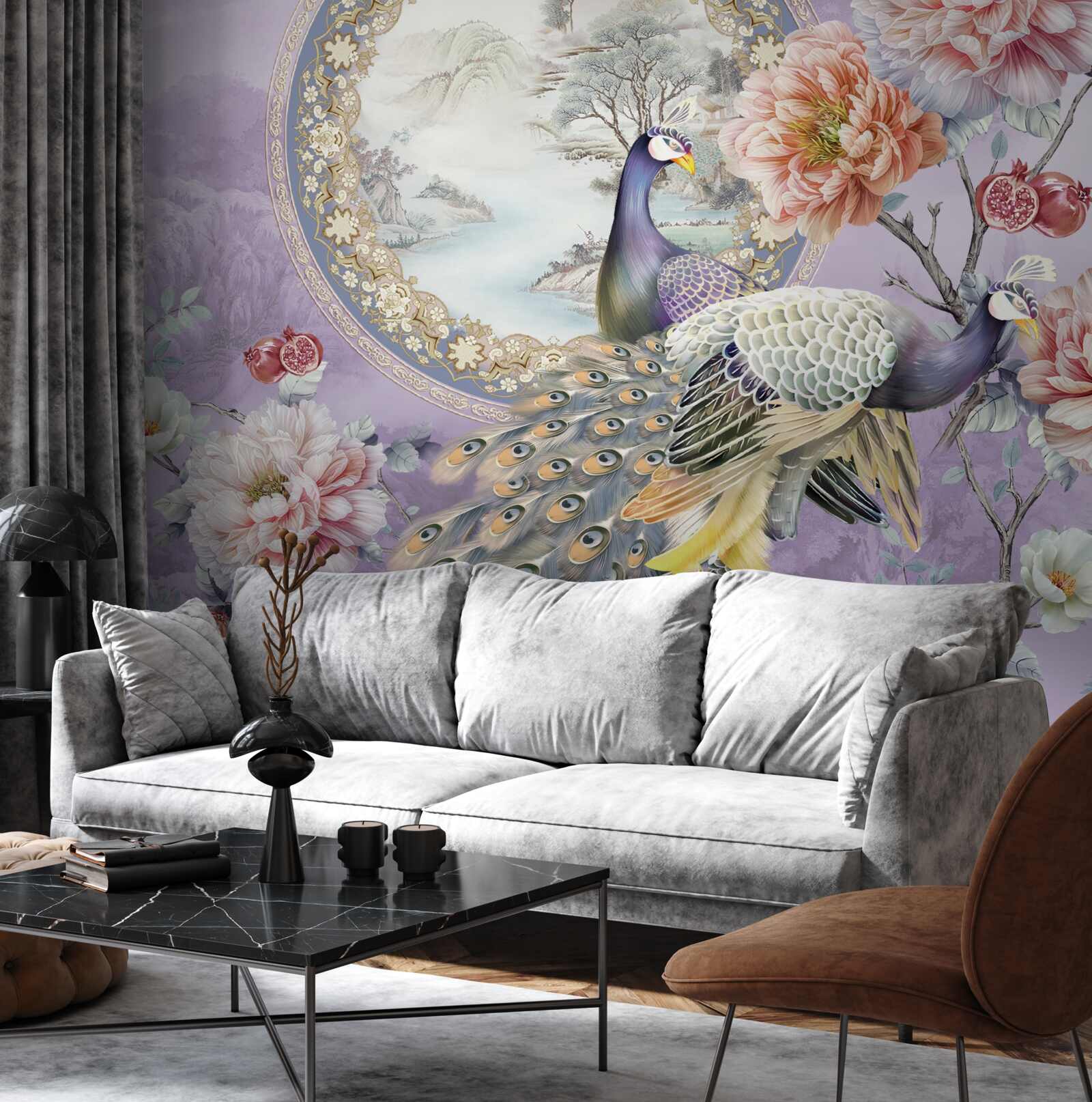 Fototapeta eleganckie pawie wśród kwiatów